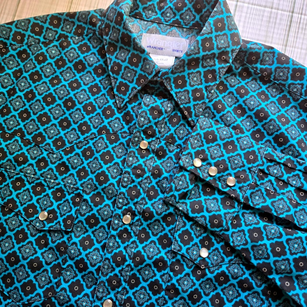 Wrangler Wrancher Mens Teal Geometric Pearl Snap Western Shirt MTW1303‎ Medium